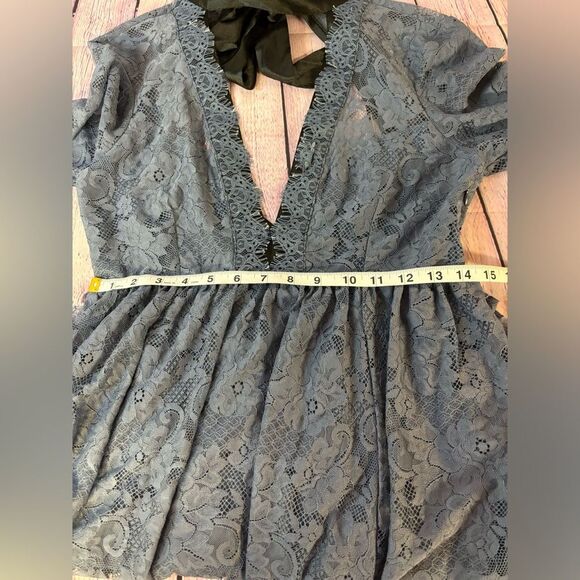 Free People Gilded Victorian Dusty Blue Black Satin Ribbon Trim Lace Dress S - Picture 15 of 16